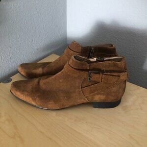 Asos Suede Buckle Ankle Zip Booties Women's size 9 Tan Brown Pointed Toe Moto